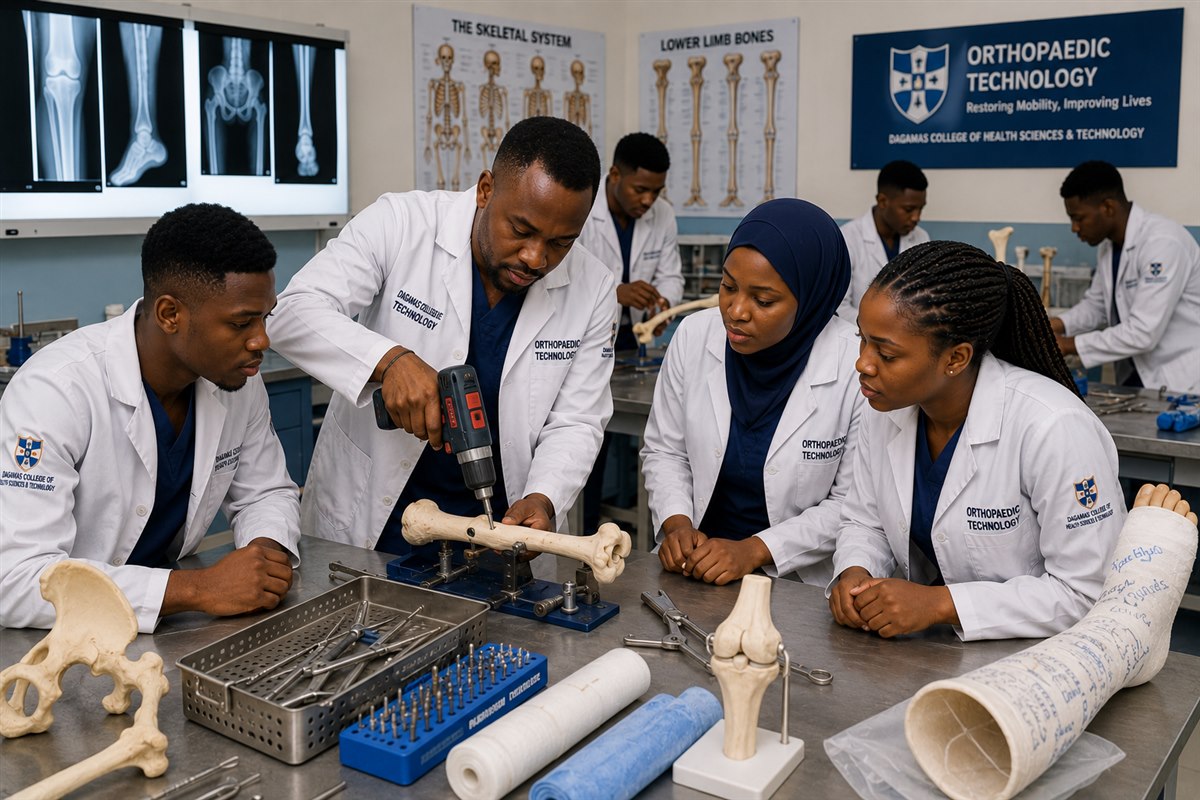 Orthopaedic Cast students working with a bone model and surgical tools