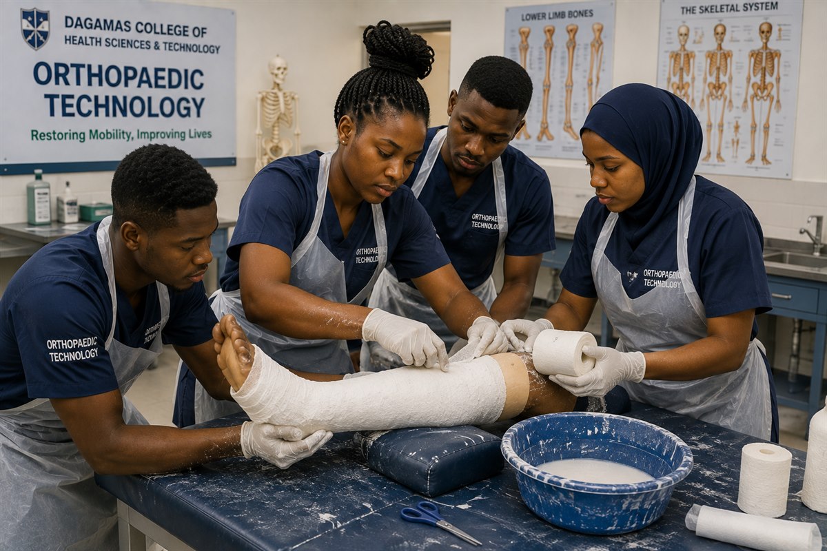 Orthopaedic Cast students applying a plaster cast on a patient