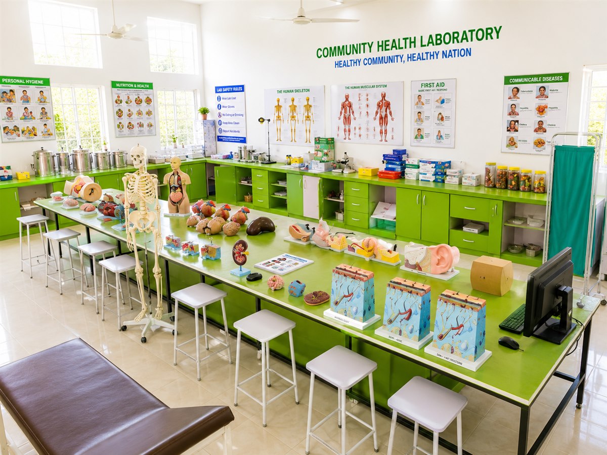 Community Health Laboratory wide view with anatomy models