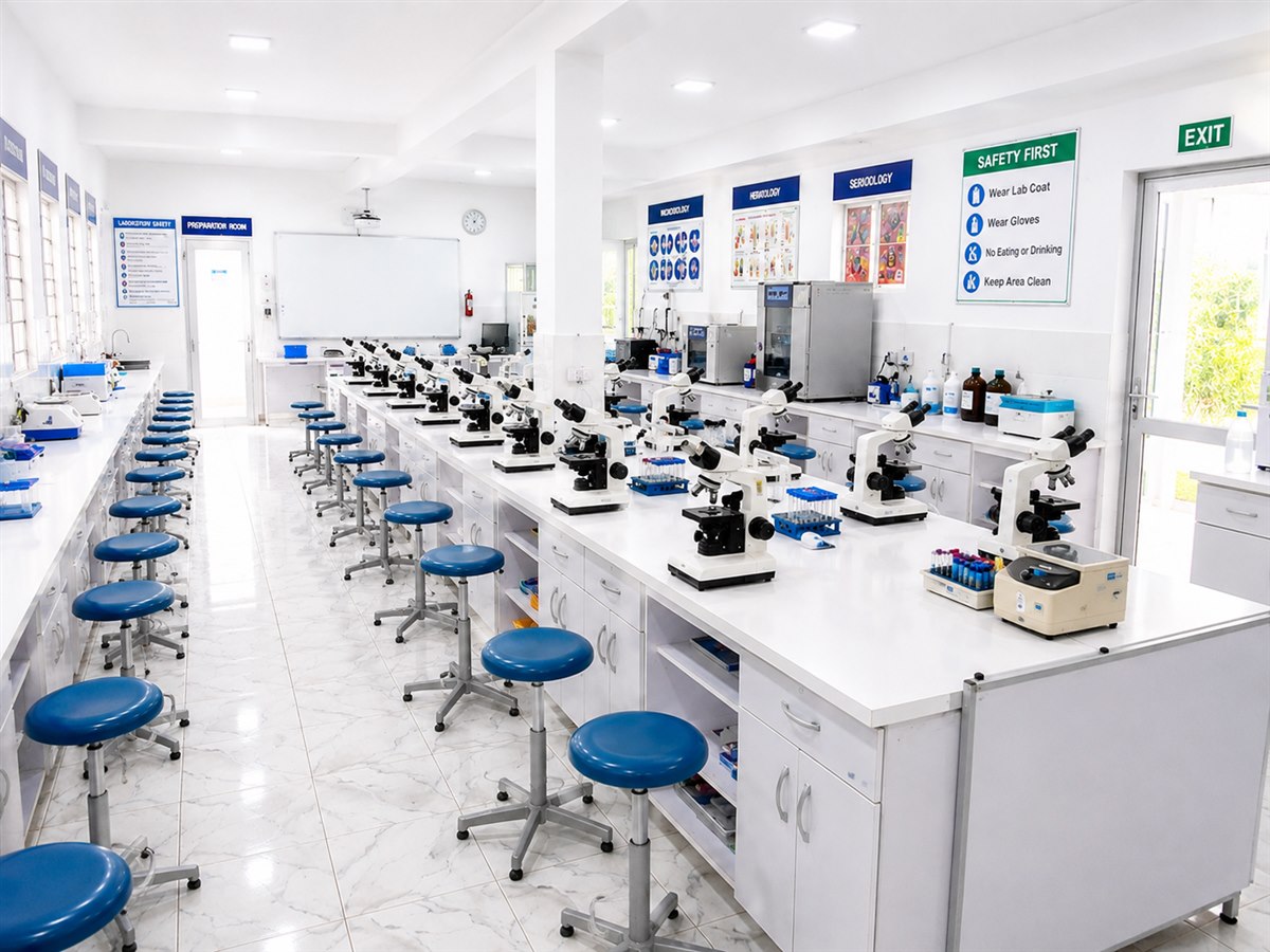 Medical Laboratory training room with microscope stations