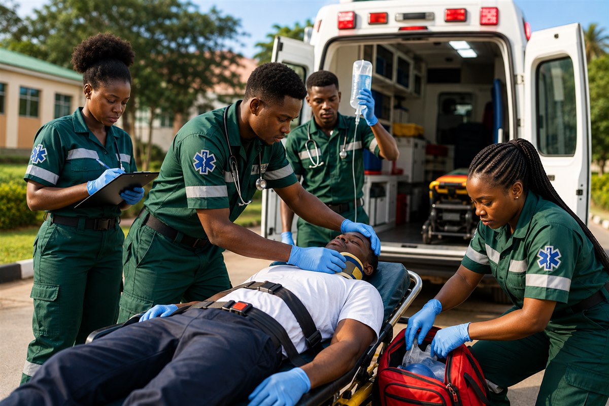 Paramedic students loading a patient into an ambulance
