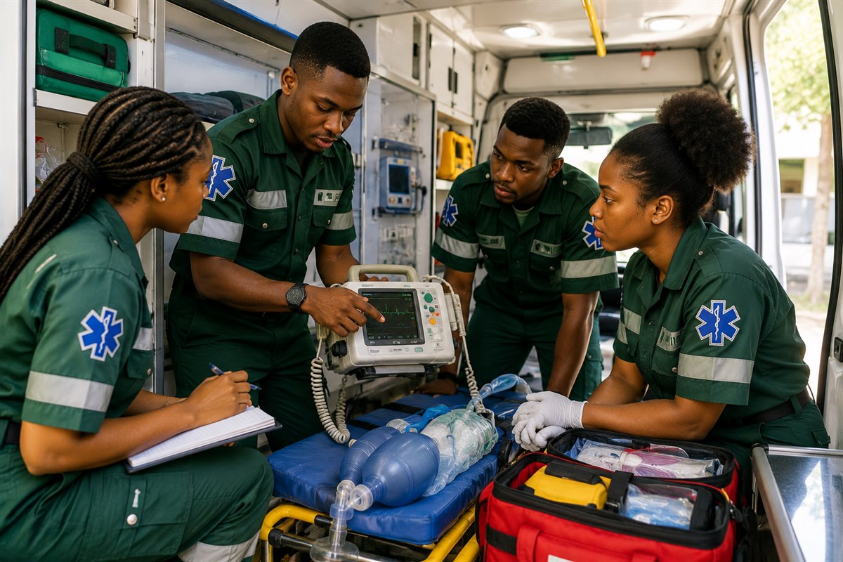 Paramedic students reviewing a cardiac monitor inside an ambulance