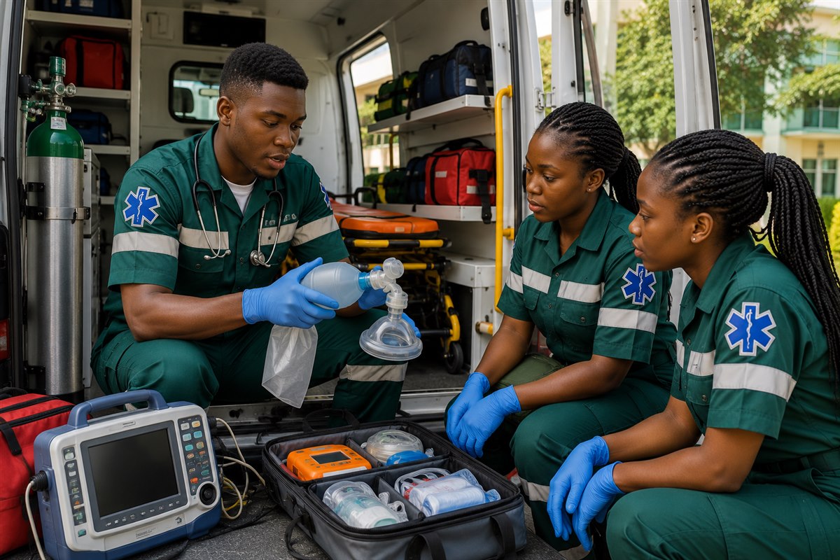 Paramedic students reviewing emergency equipment inside an ambulance