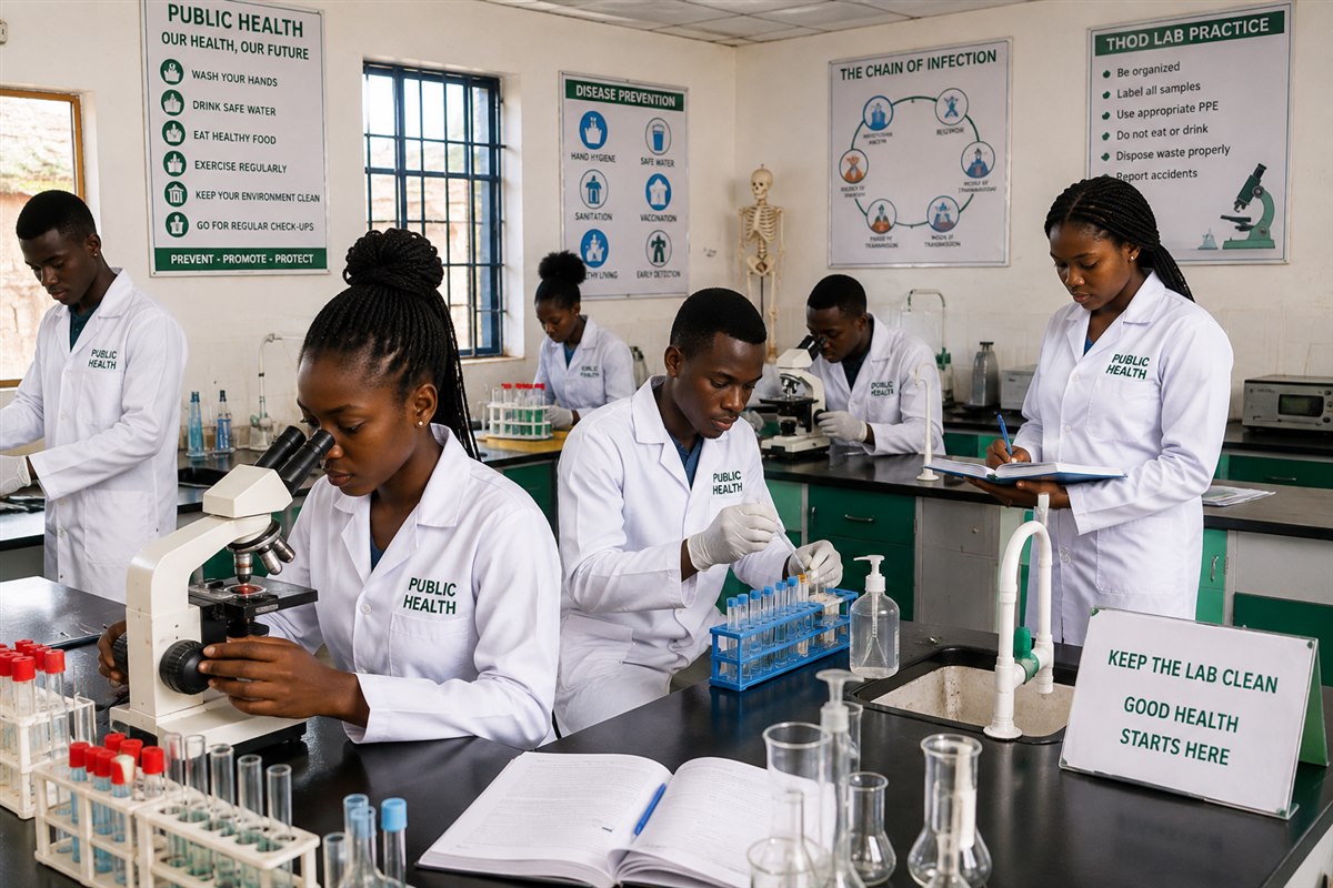 Public Health students working with microscopes and samples